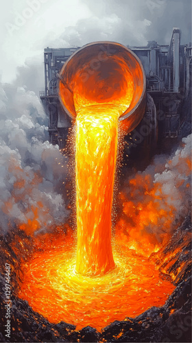 Vector Illustration of Molten Steel Flow in Industrial Foundry - Dramatic Blast Furnace Scene with Fierce Glowing Lava and Intense Production Environment