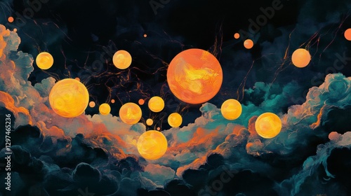 Celestial Spheres: Floating golden orbs and radiant celestial bodies suspended against a mesmerizing backdrop of swirling clouds, forming an ethereal landscape filled with mystery.