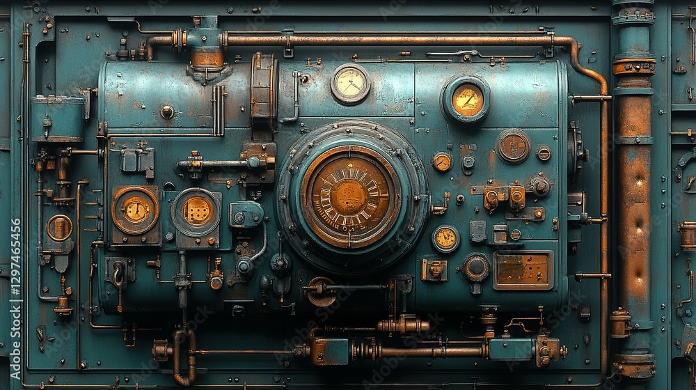 Detailed depiction of a complex mechanical control panel display Detailed depiction of a complex mechanical control panel display