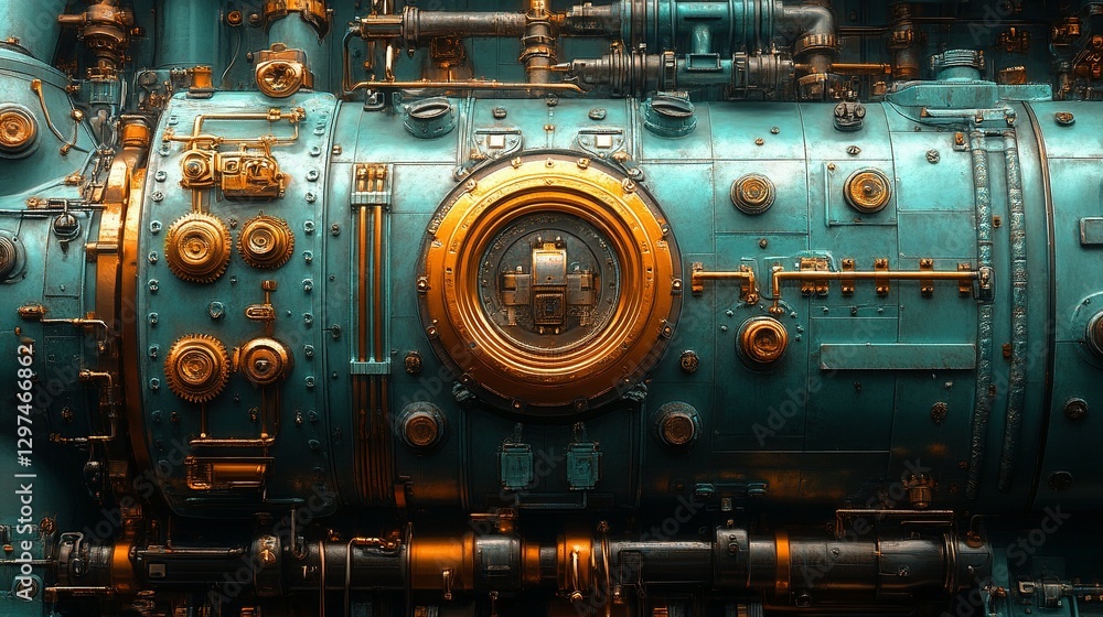 Detailed view of a large industrial machine with pipes and gears Detailed view of a large industrial machine with pipes and gears