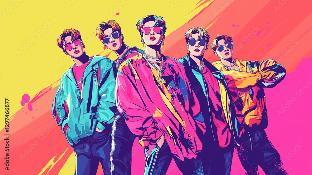 Dynamic K-Pop Group Vector Art in Bold Colors Dynamic K-Pop Group Vector Art in Bold Colors