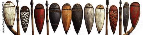Traditional African Tribal Shields and Spears Vector Art - Wooden Shields with Intricate Designs and Textures in Red, Black, White - Ethnic Cultural Heritage Imagery