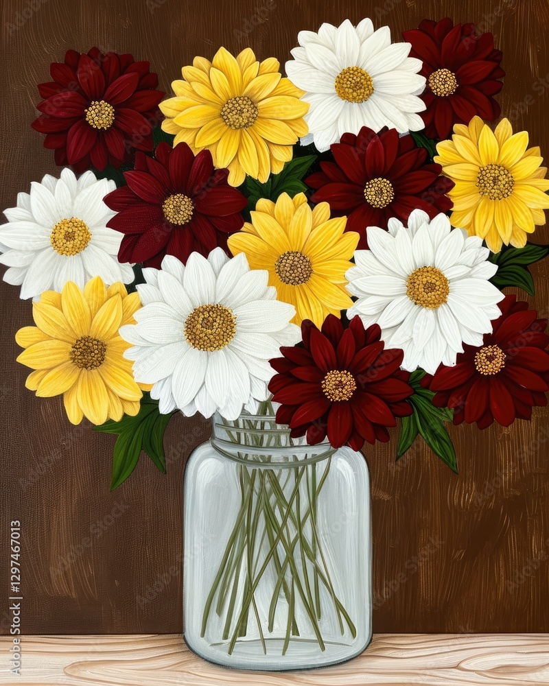 Fototapeta premium Vibrant Daisy and Gerbera Bouquet in Glass Jar Rustic Still Life Painting Artwork