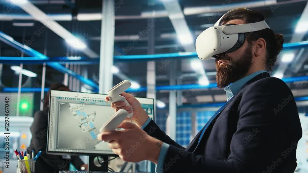 Photovoltaics factory worker monitors system performance using virtual reality tech. Solar panels manufacturing plant employee using VR headset to track energy production and efficiency, camera A