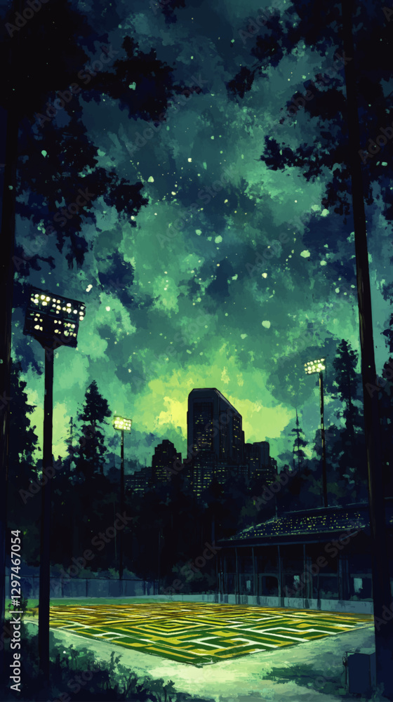 Fototapeta premium Majestic Nighttime Stadium Vector Art with Illuminated Cityscape and Mysterious Forest Sky - Perfect for Sports and Urban Landscape Enthusiasts