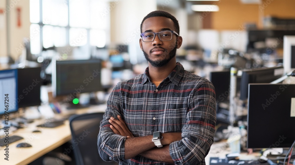 Obraz premium A confident young African American male stands in an office environment, showcasing professionalism and style while embodying a modern workplace atmosphere.