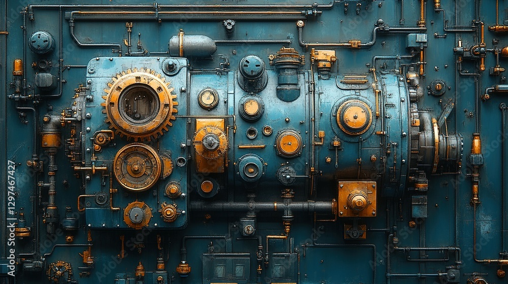 Detailed image displaying mechanical gears valves and piping on a blue surface Detailed image displaying mechanical gears valves and piping on a blue surface