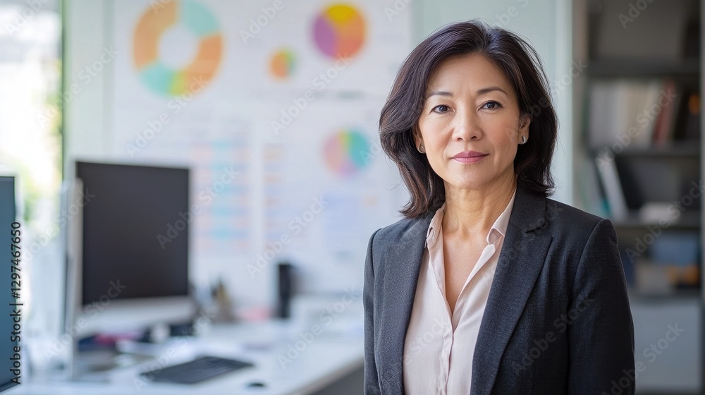 A professional portrait of a middle-aged Asian woman in a smart outfit, exuding confidence and professionalism in a modern office environment. A professional portrait of a middle-aged Asian woman in a smart outfit, exuding confidence and professionalism in a modern office environment.