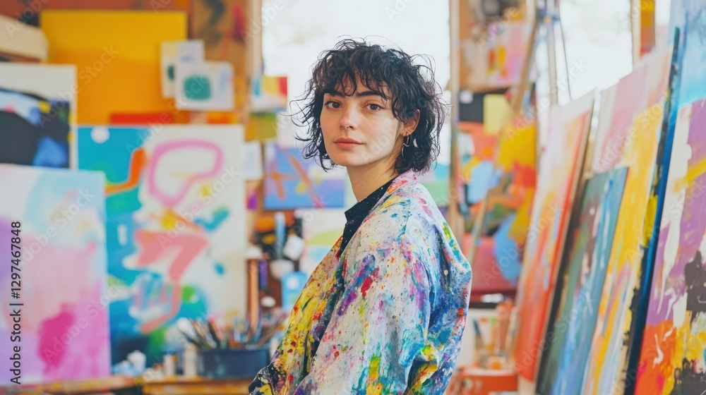 A young female artist poses confidently in her vibrant studio, surrounded by colorful artworks, showcasing her creativity and artistic expression in a lively environment. A young female artist poses confidently in her vibrant studio, surrounded by colorful artworks, showcasing her creativity and artistic expression in a lively environment.