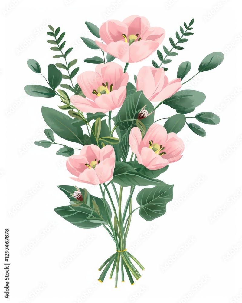 Obraz premium Elegant Pink Tulip Bouquet with Lush Greenery Perfect for Spring Weddings Invitations and Floral Designs