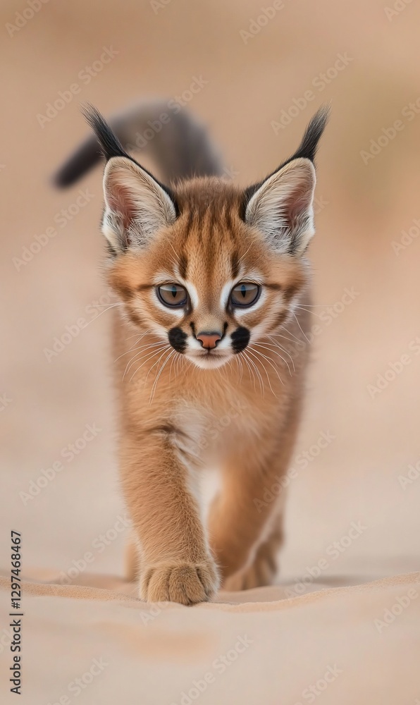 Caracal kitten walking desert sand dune Caracal kitten walking desert sand dune