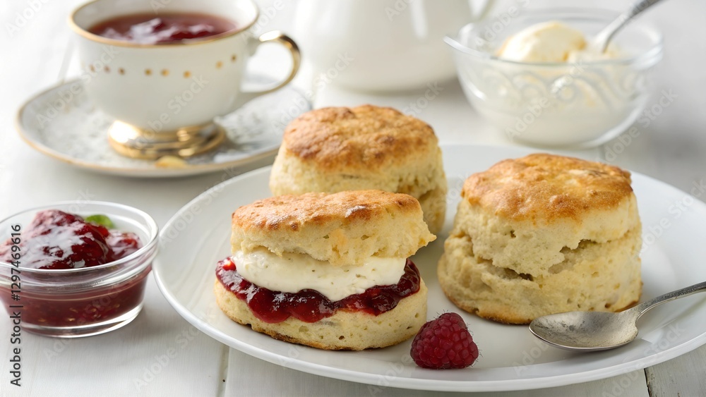 Delicious Homemade Scones with Raspberry Jam and Clotted Cream for a Perfect Afternoon Tea Delicious Homemade Scones with Raspberry Jam and Clotted Cream for a Perfect Afternoon Tea