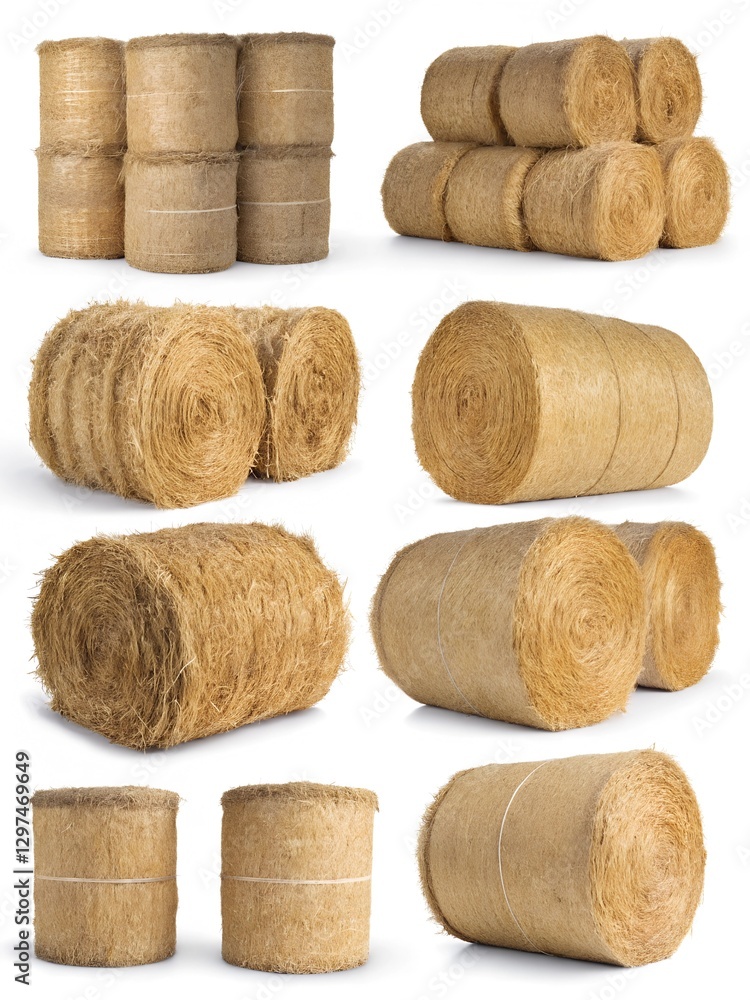 Collection of Various Sizes and Shapes of Round Hay Bales on White Background Collection of Various Sizes and Shapes of Round Hay Bales on White Background