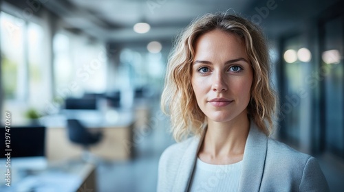 A young European woman stands confidently in a modern office environment, showcasing a professional look and a calm demeanor, embodying success. Free Download A young European woman stands confidently in a modern office environment, showcasing a professional look and a calm demeanor, embodying success. - GFXLoad