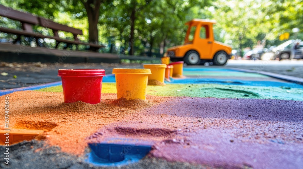 Colorful Sand Play Area with Bright Buckets and Toy Vehicle in a Vibrant Public Park Setting Colorful Sand Play Area with Bright Buckets and Toy Vehicle in a Vibrant Public Park Setting