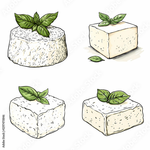 Fresh ricotta cheese with basil leaves in various styles