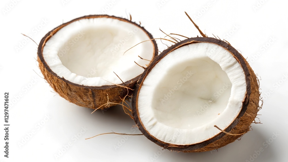 Two Halves of a Fresh Coconut Isolated on White Background Two Halves of a Fresh Coconut Isolated on White Background