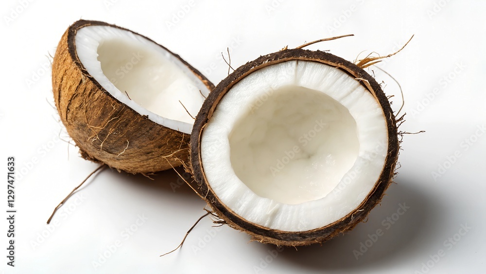 Two Halves of Freshly Opened Coconut on White Background Tropical Fruit Two Halves of Freshly Opened Coconut on White Background Tropical Fruit