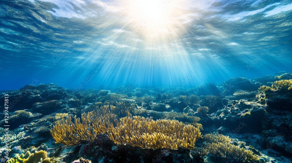 Naklejka premium Vibrant Coral Reef Seabed in Clear Waters 