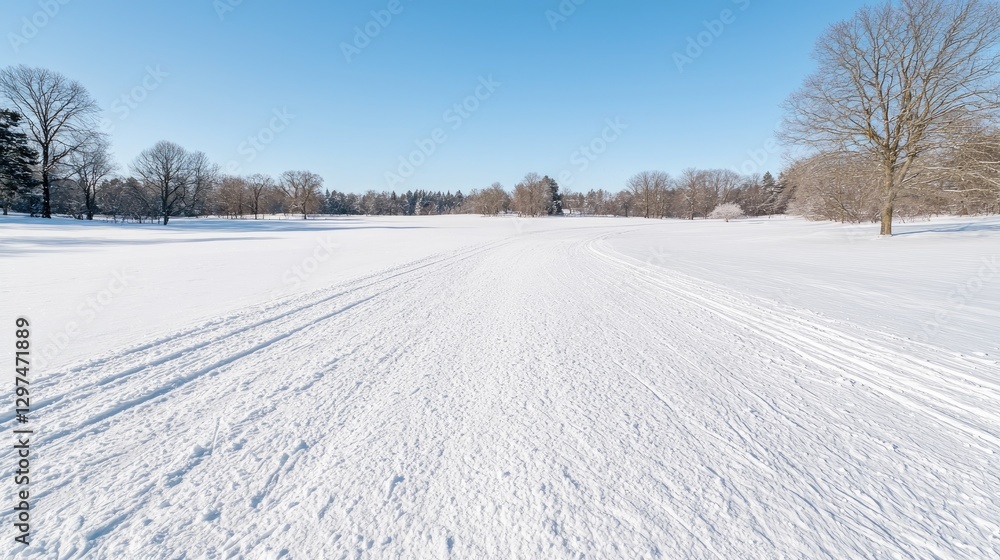Snowy cross-country ski trail in winter park Snowy cross-country ski trail in winter park
