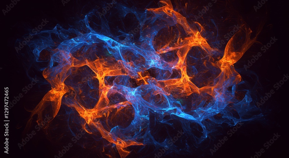 Fototapeta premium Fiery Vortex: A mesmerizing visual of swirling energy, where vibrant orange and deep blue hues collide and intertwine, forming an abstract vortex against the darkness.