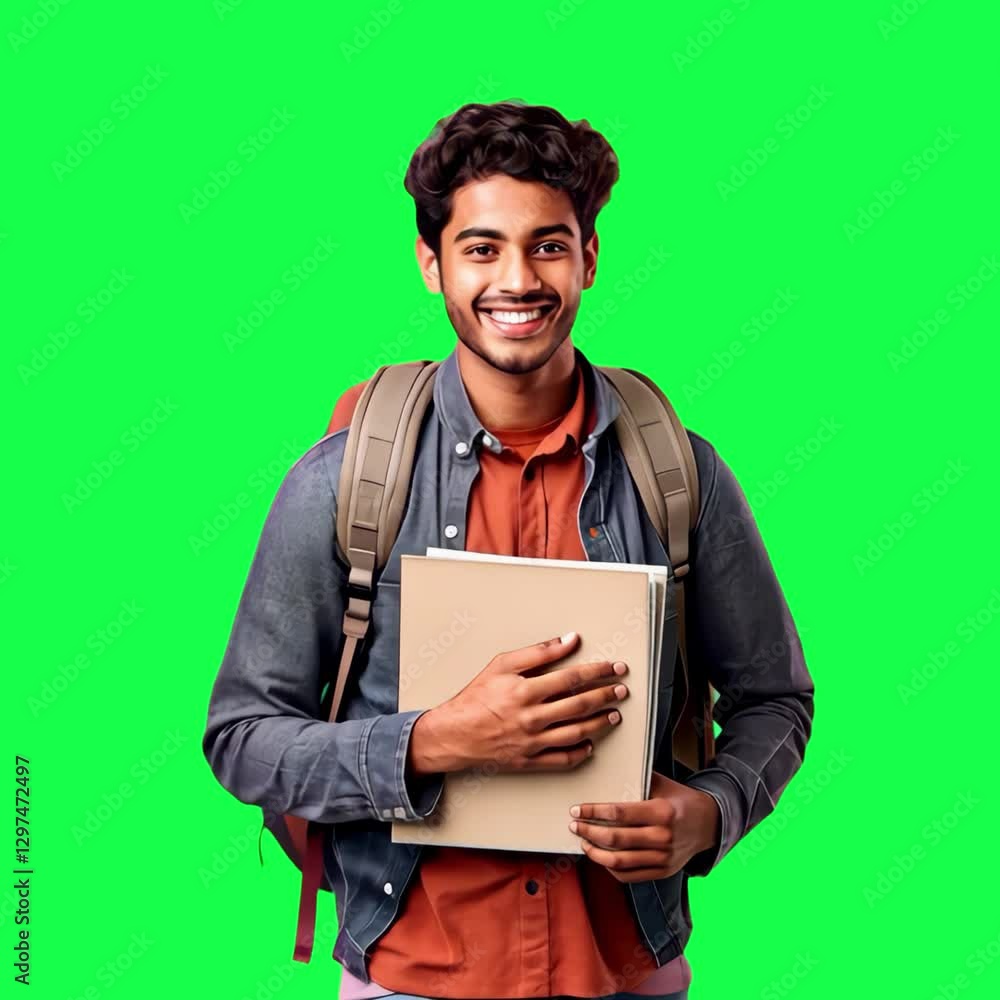 Smiling student holding books animation, transparent 4K video, green screen Smiling student holding books animation, transparent 4K video, green screen