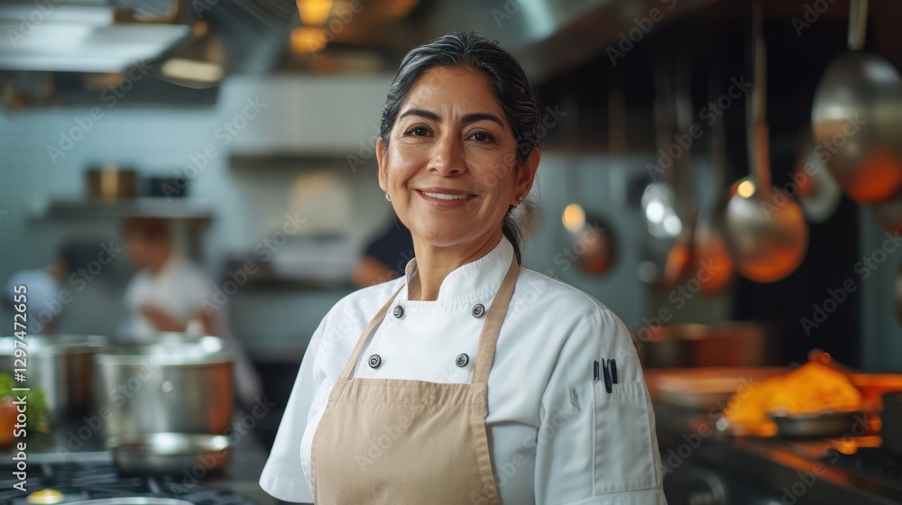 Fototapeta premium A middle-aged Hispanic woman confidently poses in a busy kitchen. Dressed in a chef's uniform, she brings warmth and expertise to the culinary world.
