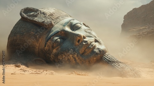 Echoes of Antiquity: An awe-inspiring, partially buried colossal statue of an ancient pharaoh, sculpted with meticulous detail.
