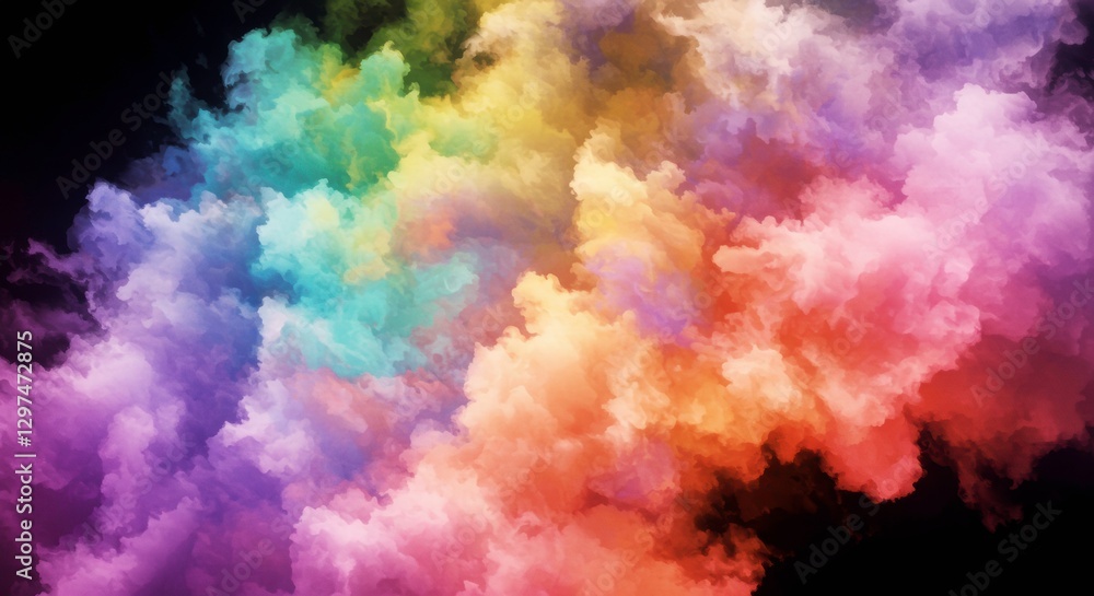 Fototapeta premium Chromatic Cloudscape: A vivid and dreamy display of multicolored smoke, swirling and blending together in a kaleidoscope of vibrant hues, against a dark background creating a mesmerizing spectacle.