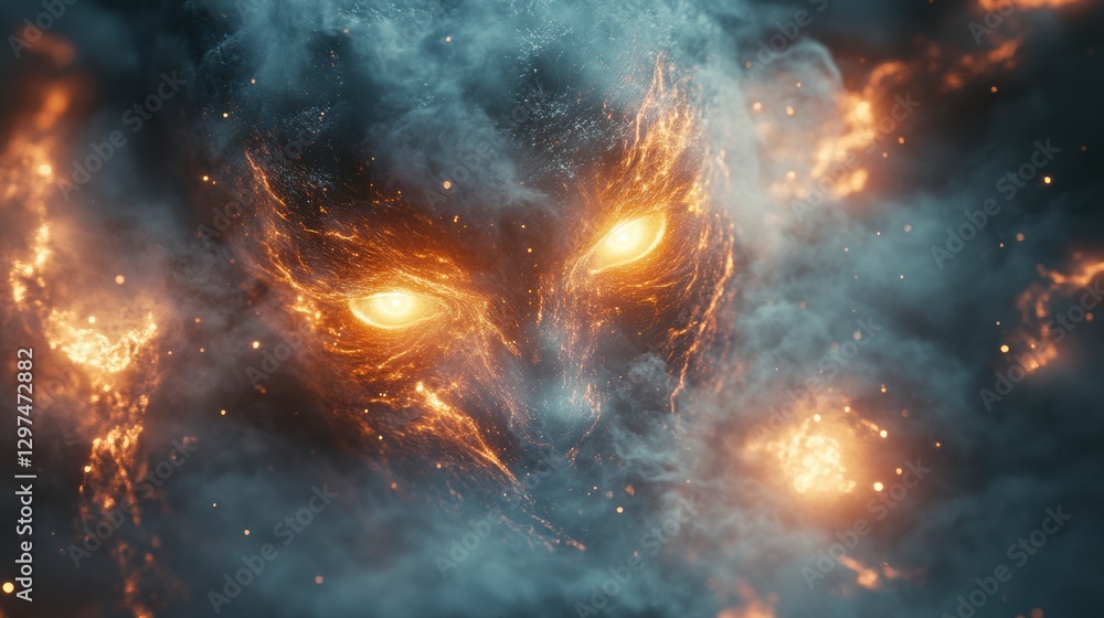 Celestial Blaze: A celestial entity emerges from swirling clouds and ethereal flames, its fiery eyes piercing the veil, suggesting a being of immense power and cosmic energy. Celestial Blaze: A celestial entity emerges from swirling clouds and ethereal flames, its fiery eyes piercing the veil, suggesting a being of immense power and cosmic energy.