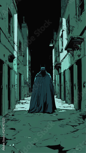 Gothic Dark Alley Illustration with Heroic Caped Figure at Night in Urban Setting - Moody Vector Art Scene Featuring Mysterious Nighttime Atmosphere and Architecture