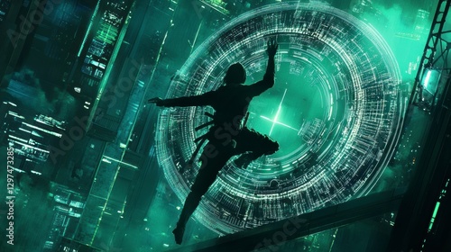 Ninja Warrior: Silhouette of a ninja mid-air, leaping towards a glowing portal in a futuristic cityscape. Capturing the essence of agility, mystery, and cyberpunk aesthetics, it’s a visual feast.