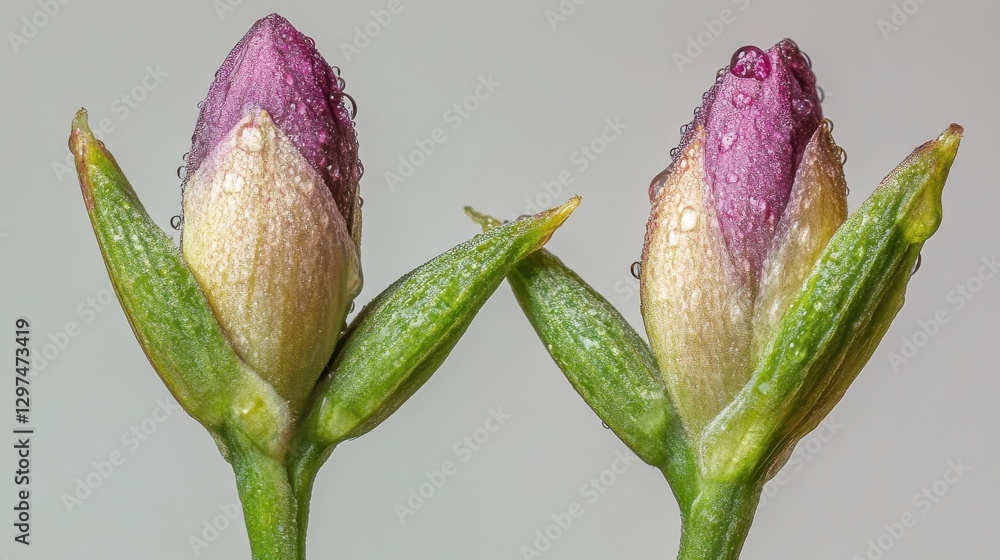 Close up image of delicate flowers with purple buds and water droplets on green stems enhancing natural beauty and freshness Close up image of delicate flowers with purple buds and water droplets on green stems enhancing natural beauty and freshness
