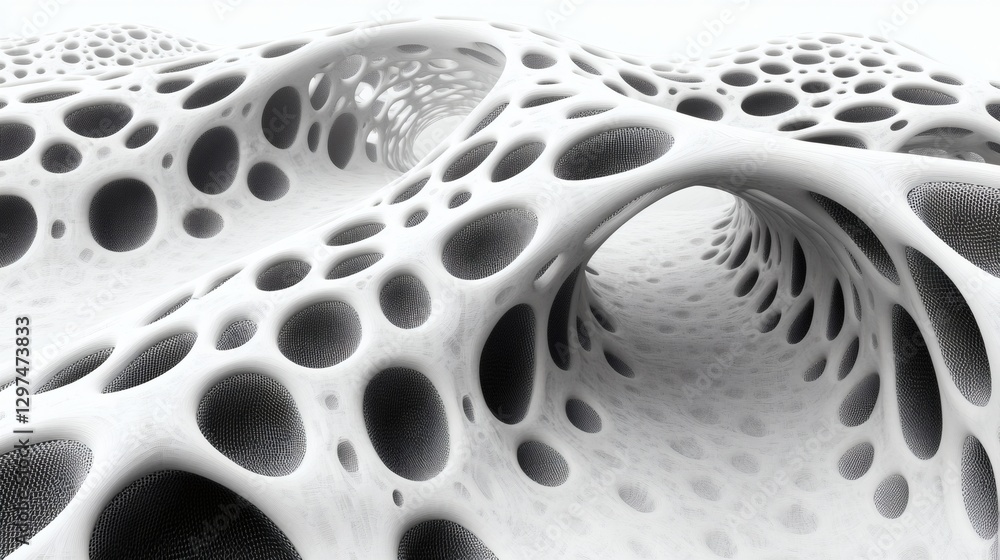 Abstract 3D Monochromatic Porous Structure With Interconnected Cavities And Tunnels, Digital Art 3D Rendering Example featuring a Monochromatic Gray and White Organic Look. Geometric and Textured Abstract 3D Monochromatic Porous Structure With Interconnected Cavities And Tunnels, Digital Art 3D Rendering Example featuring a Monochromatic Gray and White Organic Look. Geometric and Textured