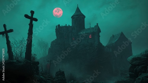 Eerie Castle under Full Moon: A gothic castle perched atop a hill under a vibrant full moon, with eerie atmosphere and a touch of mystery and an eery atmosphere.