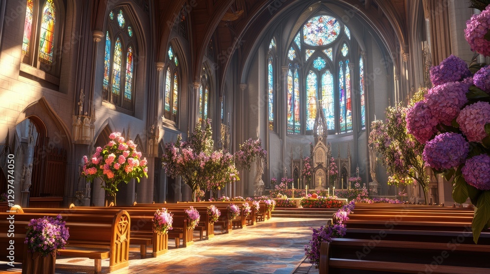 Fototapeta premium A panoramic shot of a grand church with tall wooden pews, Easter flowers adorning the altar, and soft light streaming through stained-glass windows.