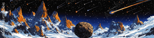 Majestic Cosmic Landscape: Night Sky with Shooting Stars, Meteor, and Rocky Snow-Covered Peaks Illuminated at Twilight in Stunning Vector Art Illustration