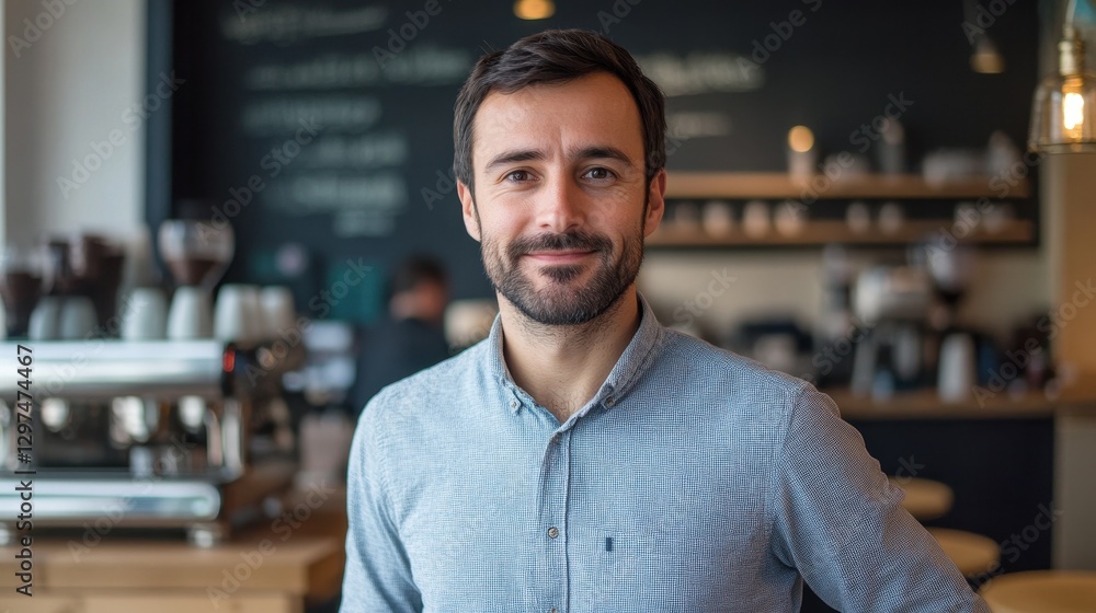 Obraz premium A stylish European man poses in a modern cafe, radiating warmth and happiness. With a casual yet fashionable look, he embodies a relaxed lifestyle and social engagement.