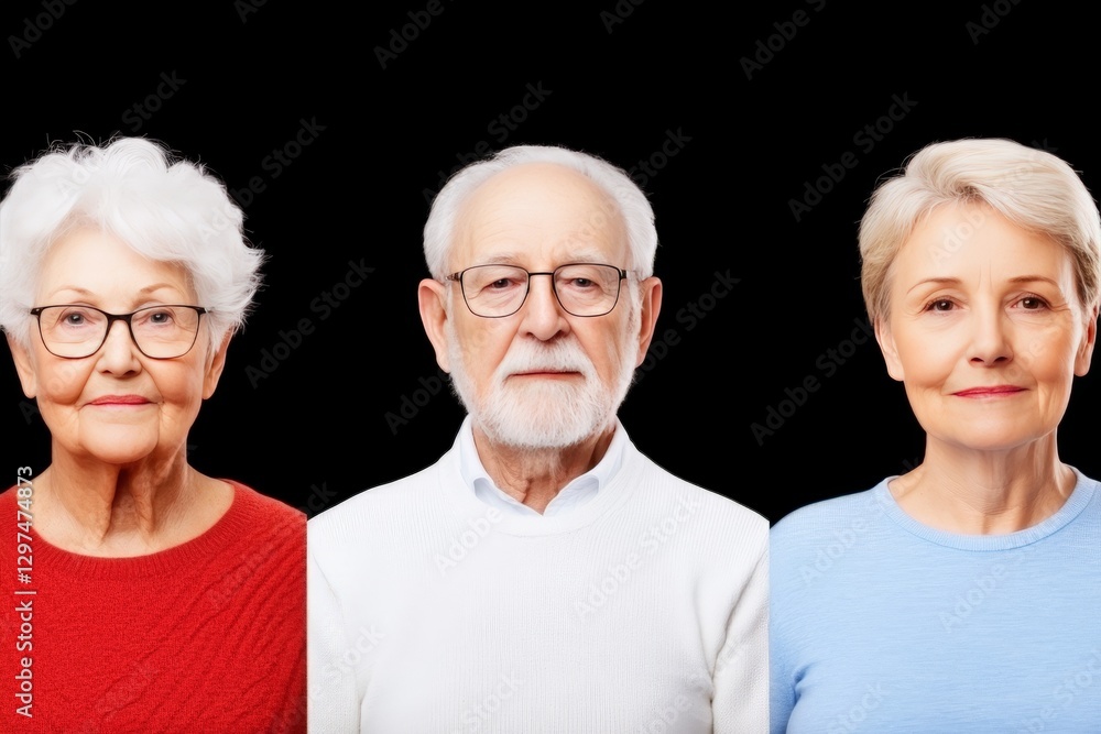 Three elderly individuals with bright smiles standing together against black background senior community concept healthy aging positive lifestyle professional stock photo human connection Three elderly individuals with bright smiles standing together against black background senior community concept healthy aging positive lifestyle professional stock photo human connection