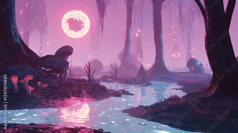 Fototapeta premium Mystical Forest at Dusk: A serene river winds through an enchanting forest bathed in a dreamlike, magical purple and pink glow, with a radiant full moon casting a soft light.