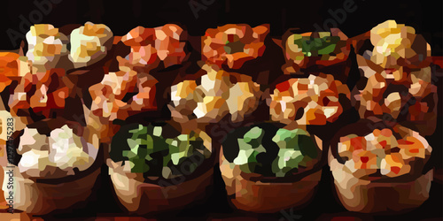 Vibrant Vector Illustration of Varied Dim Sum Baskets with Dumplings, Broccoli, and Steamed Delicacies - Authentic Asian Cuisine and Culinary Art