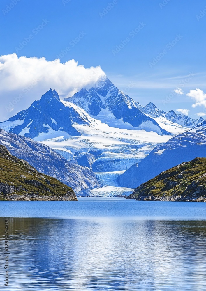 Fototapeta premium Serene Lake with Majestic Snowcapped Mountain Background - Ideal for Nature Enthusiasts and Travel Blogs