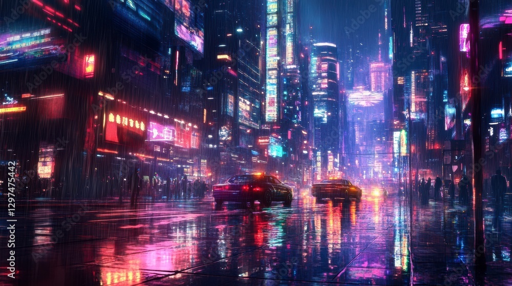 Fototapeta premium Night City: Illuminated by vibrant neon lights, the rain-slicked streets pulse with life as sleek vehicles navigate the urban labyrinth, casting reflections that dance across the asphalt.