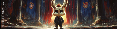 Enigmatic Bunny in a Suit Stands in Majestic Hall with Columns and Banners | Emotional Anthropomorphic Art | Captivating Digital Fantasy Illustration