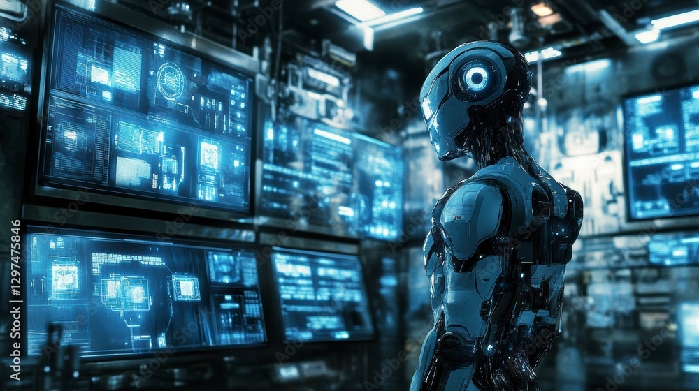 Futuristic Robot Overseeing Monitors: A cybernetic robot stands amidst a complex array of glowing monitors, observing data streams and intricate interfaces in a cutting-edge control room. Futuristic Robot Overseeing Monitors: A cybernetic robot stands amidst a complex array of glowing monitors, observing data streams and intricate interfaces in a cutting-edge control room.