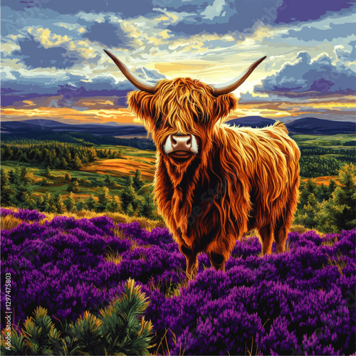 Highland Cow in Vibrant Heather Field at Sunset - Majestic Scottish Landscape Vector Art with Purple Flowers and Dramatic Sky in Rolling Countryside