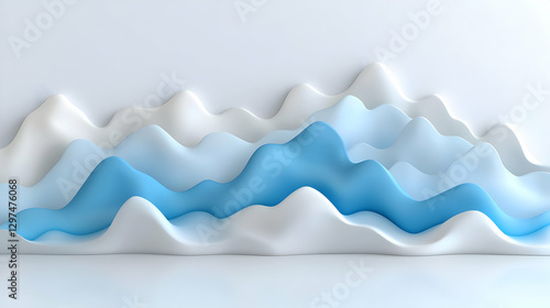 Abstract blue and white wavy layers forming a minimalist mountain landscape against a clean background.