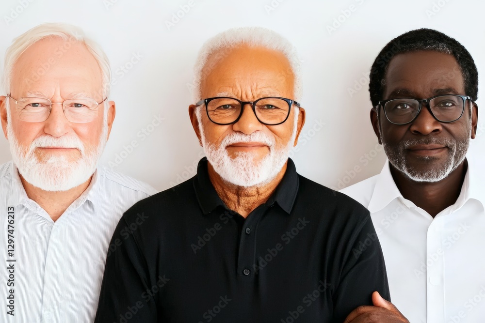 Three elderly men of diverse ethnicities with white beards glasses and stylish attire standing side by side smiling in bright lighting symbolizing wisdom experience and unity Three elderly men of diverse ethnicities with white beards glasses and stylish attire standing side by side smiling in bright lighting symbolizing wisdom experience and unity