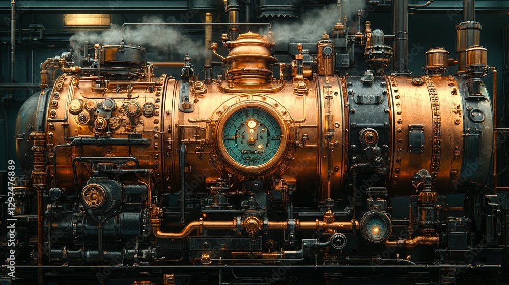 An intricate bronze and steel steam engine is displayed closely An intricate bronze and steel steam engine is displayed closely