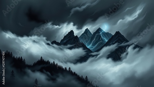 Dark Night Mountain Peaks Emerging from Fog with Glowing Blue Light
